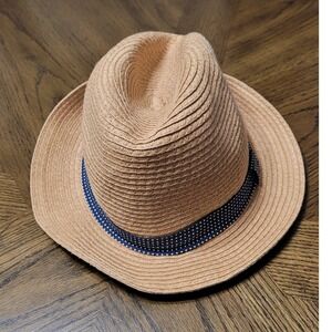 Woven Straw Fedora Hat Tan with Navy Polka Dot Ribbon RN86183 One Size